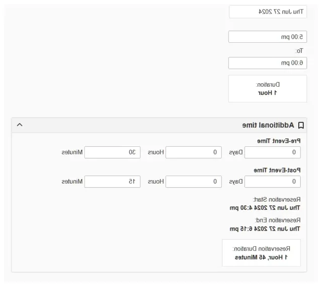 Graphic showing the 25Live interface, with additional minutes entered in the "pre-event time" and "post-event time" fields